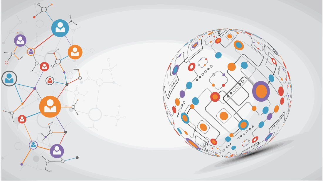On one side, individual people and the connections between them. On the other, the organization's linked workflows as a single sphere. A dashed line joins the two across the gap.